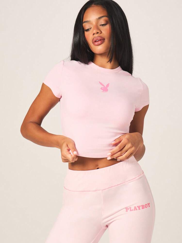Missguided x Playboy Rosa tailliertes Baby-T-Shirt mit grafischem Kurzarm-Rundhals-T-Shirt, Damen Retro Y2K-Stil Hasen-Logo Baumwollmischung