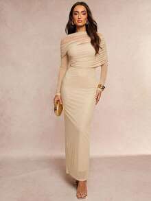 Silquee Elegant Romantic Solid Color Ruffle Collar Asymmetrical Pleated Waist Long Sleeve Dress - Apricot - View 6
