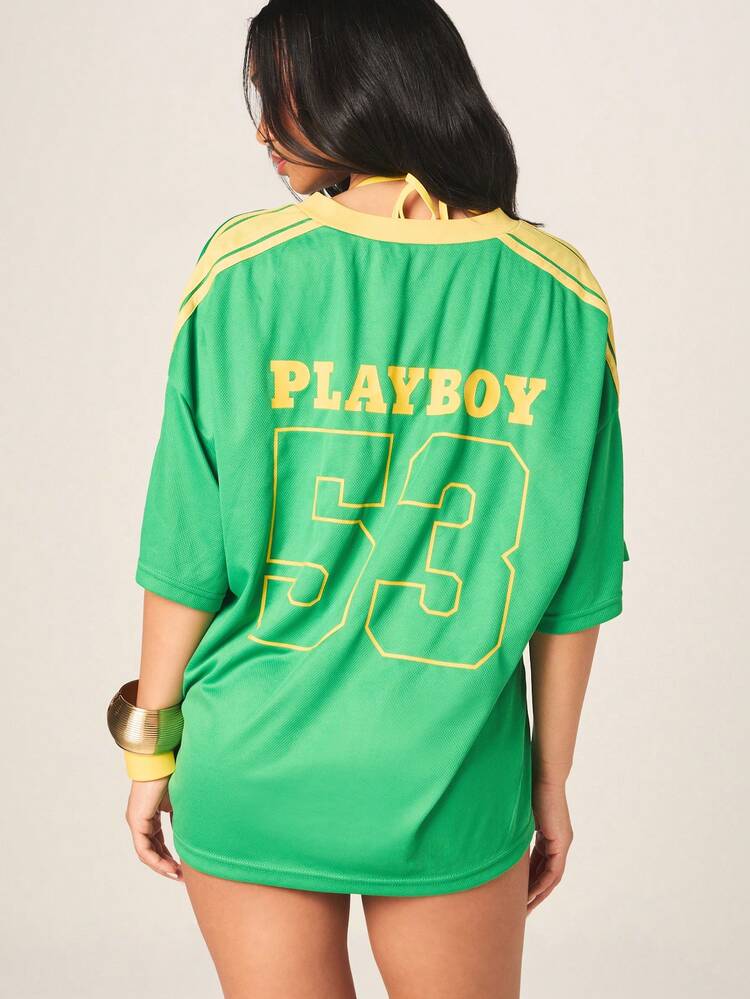 Missguided x Playboy Logo Oversized Short Sleeve Football Jersey V Neck Side Tie Detail Green Graphic Tee