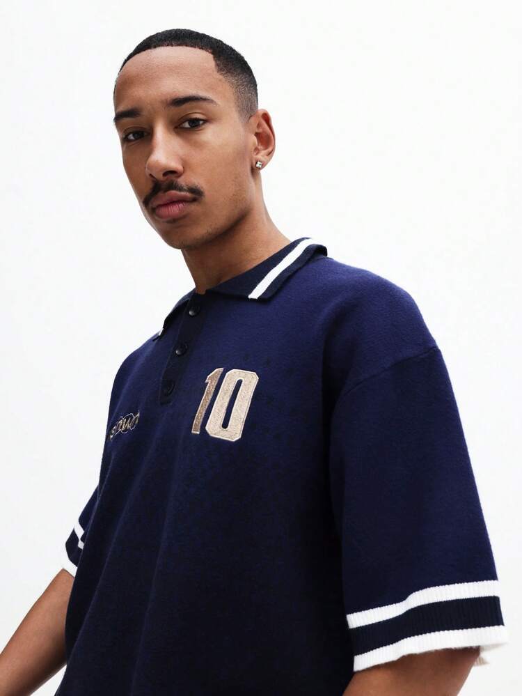 Navy Knitted Polo With Number Print