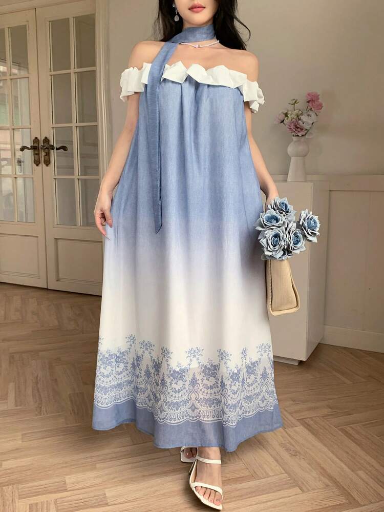 Spring & Summer Off-Shoulder Spaghetti Strap Midi Dress, Blue Tie-Dye Ombre Ocean Print With White Floral Lace Patchwork, Floral Botanical All-Over Print, Elegant For Valentine's Day, Wedding, Party, Formal Occasion Sundress