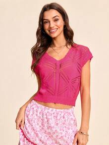 Coeurva Women's Elegant Simple V-Neck Knit Top,Fuchsia Pink,Summer,Casual,Brunch Everyday Ladies Dresses Zanea Dress Cinco De Mayo Spring/Summer Knit Top - Pink - View 5