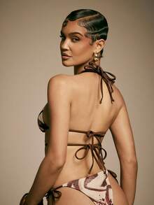 Hauture Áo bikini tam giác buộc cổ yếm in họa tiết trừu tượng gợi cảm dành cho nữ, điểm nhấn là chi tiết vòng trang trí. - Nhiều màu - Xem 2