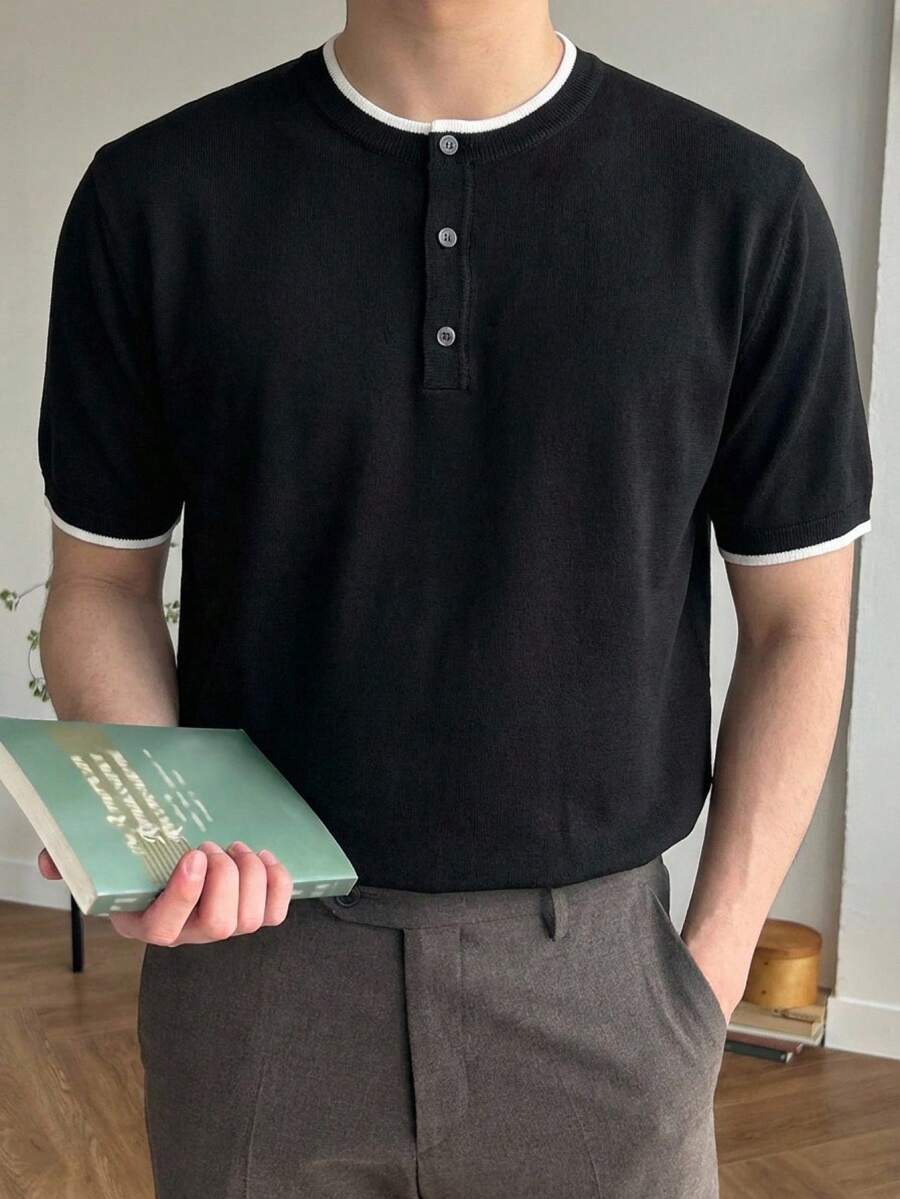 DAZY Men's Summer Short Sleeve Fitted 2 In 1 Knit Top - Black - View 1