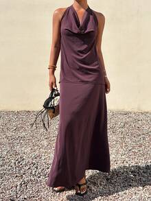 DAZY Conjunto de top halter sin espalda y falda de unicolor minimalista de estilo sexy y de vacaciones para mujer - Morado - Ver 5