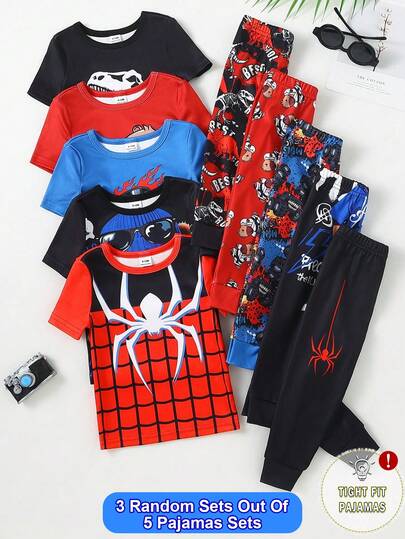 5pcs/Set Baby Boy Cartoon Dinosaur, Dolphin, Off-Road Vehicle, Spider Graphic Print Short Sleeve & Long Pants Snug Fit Pajamas, Soft Knit Fabric, Comfortable Home Clothes