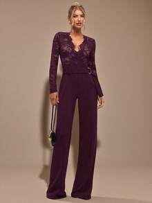 SHEIN BAE 黑色蕾丝长袖深V领连体裤，优雅女士内衣，适合日常约会、外出、派对等场合，不对称阔腿设计，秋冬季优雅连体裤。 - 紫紅色 - 查看 4