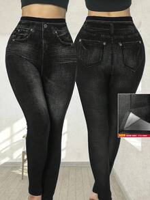 SHEIN LUNE 大码时尚性感牛仔印花女式紧身裤 - 彩色 - 查看 1