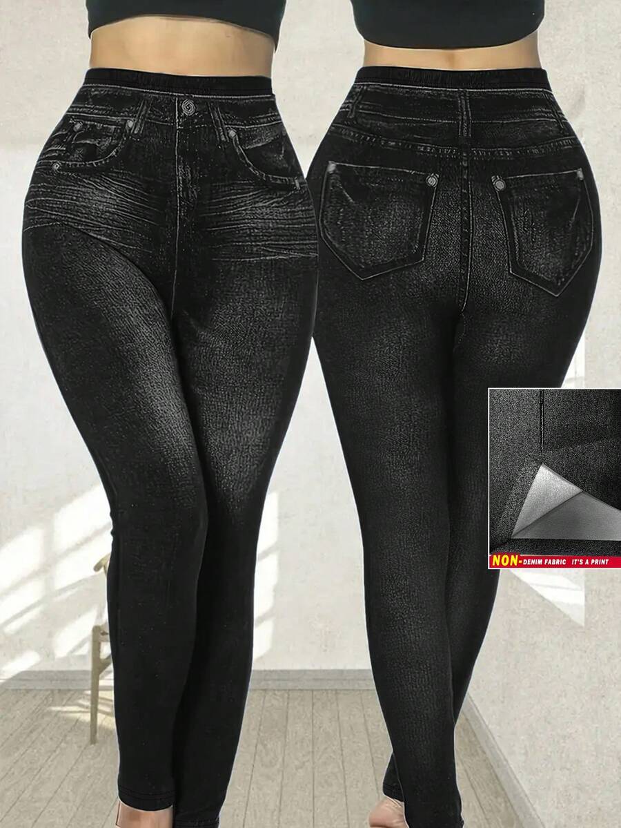 SHEIN LUNE 大码时尚性感牛仔印花女式紧身裤 - 彩色 - 查看 1