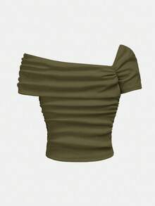 SHEIN Girlism 少女罗纹针织单肩褶饰修身休闲 T 恤，百搭 - 軍綠色 - 查看 2