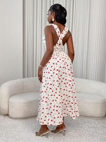 Xyvia Women White Floral Summer Boho Vacation Holiday Maxi Dress,Elegant Deep Shirred Adjustable Strap Elastic Waist Backless Flared Sweet Ditsy Sundress - Multicolor - View 3