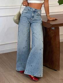 Quần jeans nữ dáng suông rộng, cạp thường, đính đá lấp lánh, kiểu dáng thường ngày. - Rửa trung bình - Xem 3
