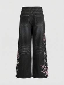 ROMWE J-Fashion Unisex Retro Street-Style Chinese Tiger & Floral Embroidery Loose Wide-Leg Jeans - Grey - View 2