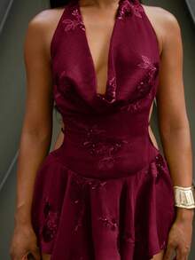 Yess Loren 露背系带褶饰亮片拼接性感无袖连衣裙 - 酒紅色 - 查看 6