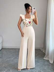 Elenzga Women's Floral Embroidery Square Collar Ruffle Hem Elegant Jumpsuit - Beige - View 3