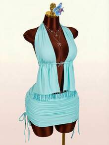 Women's Halter Backless 2 Pieces Set, Crystal Tassel Hem Sexy Pure Style, Suitable For Beach, Cute Vacation Vibe Beach Party Outfit For Women Cover Ups For Bathing Suits Women Summer Outfit For Women Beachwear Bikinis Set For Women With Cover Up Bathing Suit With Cover Up Set - Blue - View 8