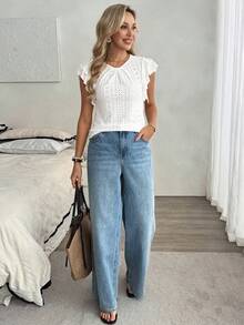 Louniche Maglietta estiva casual da donna, colore unito, stile boho con volant, top bianco in voile, camicetta bianca in pizzo traforato, top estivo bianco in pizzo, top con volant bianco in pizzo, top in pizzo bianco per donna, camicia bianca a maniche corte senza pieghe per donna, top bianco da donna, top da allenamento da donna, camicetta da lavoro da donna, top e camicette casual da donna per l'estate, top estivi da donna, camicetta carina da donna casual ed elegante, top estivi da donna - Bianco - Visualizzare 6