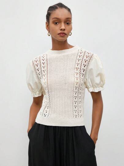 Maija Crew Neck Fashionable Loose Petal Sleeve Hollow Out Knit Top