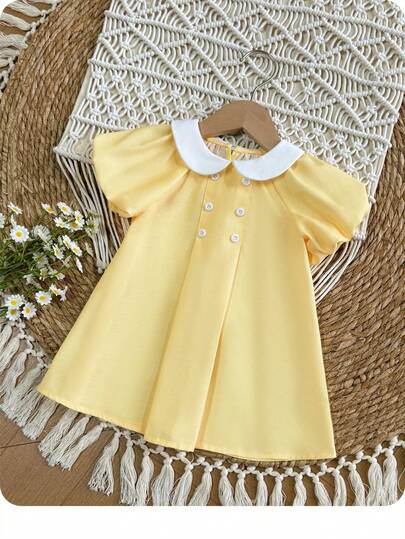 女婴可爱休闲撞色彼得潘领短袖连衣裙