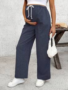 SHEIN 孕妇休闲度假通勤风抽绳腰格纹印花裤 - 寶藍色 - 查看 6