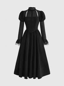 ROMWE Goth Vestido largo ajustado de línea A con mangas abullonadas y encaje con diseño de telaraña estilo gótico - Negro - Ver 9