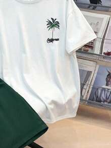 SHEIN 2pcs Set Teen Boy's Tropical Print Tee & Drawstring Waist Shorts;Spring Wear; Teen Boys' Clothing; Kids' Jackets, Spring Back To School - Army Green - View 5