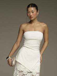 COSMINA Asymmetric Hem Crop Top And Lace Skirt Set, Slit Design, Women's Wedding Guest Outfit, Women's Summer Outfit, White Women's Wedding Suit, Women's Party Outfit, Daily Wear, Street Style - White - View 4