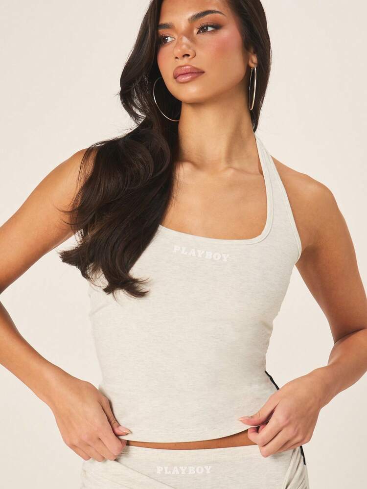 Missguided x Playboy Halter Neck Cami Top With Tie Detail Front Crop Style Summer Casual Sleeveless Scoop Neck Light Heather Grey Knit Tank