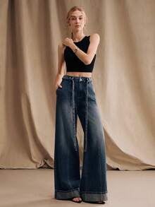 Anewsta Fashionable Woven Belt Rolled Hem Straight Leg Jeans - Blue - View 2