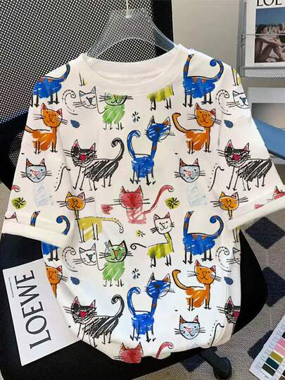 SHEIN 女士加大码卡通印花圆领 T 恤