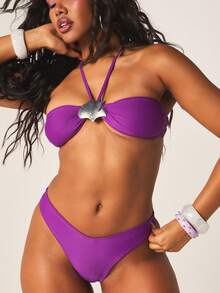 MISSGUIDED Women Two Piece Bikini Set Purple Halter Bandeau With Shell Hardware Detail High Cut Bottoms Summer Swimwear Beach Vacation - Purple - View 2