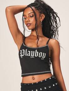 Missguided x Playboy 金属色包缝吊带背心，印花和铆钉细节设计，适合夏季节日穿着 - 黑色 - 查看 5