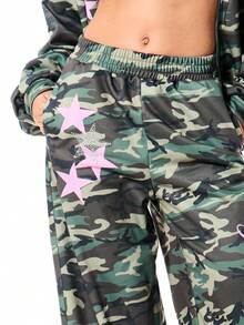 SUMWON WOMEN Women's Camouflage Wide Leg Joggers With Pink Script Text High Rise Elastic Waist Casual Sweatpants - Army Green - View 6