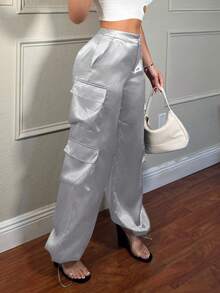 SHEIN SXY Pantalones cargo de twill de moda callejera con bolsillos 3D para mujeres - Plateado - Ver 1