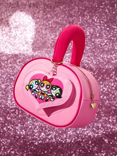 THE POWERPUFF GIRLS X SHEIN 1个涤纶面料爱心绗缝手提包，可爱爱心吊坠，可收纳钱包、纸巾、手机等日常外出用品，适合女性和学生，可爱俏皮，花朵、泡泡、毛茛花图案。