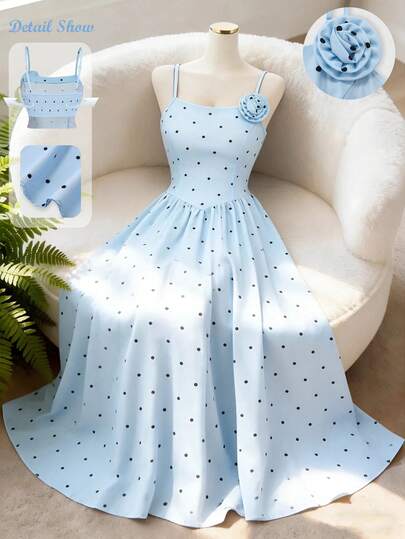 GlowEve 女士波点印花装饰领3D花朵腰身A字优雅迷人度假日常海滩通勤性感时尚约会法式街头复古百搭春夏浅蓝色波点新款无袖中长连衣裙