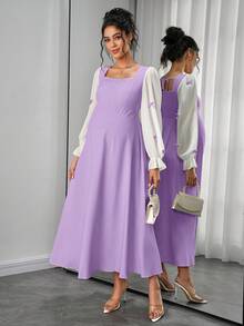 Momance 荷叶边灯笼袖孕妇连衣裙，蝴蝶结装饰方领，后背褶皱蝴蝶结系带，A字型长裙 - 淡紫色 - 查看 5