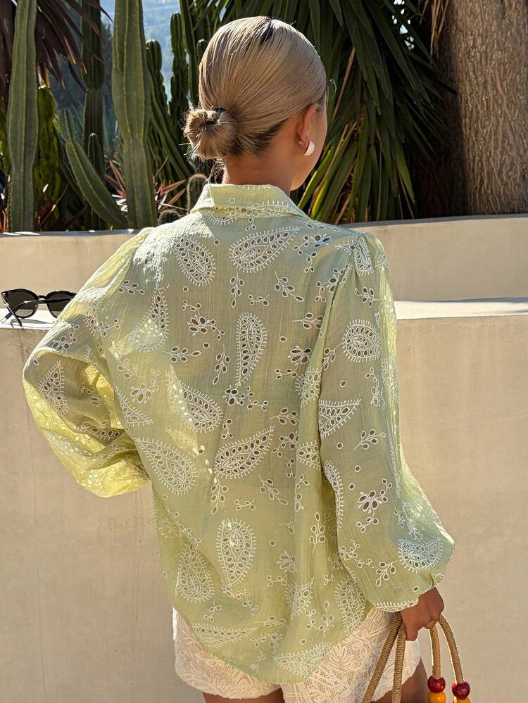 Contrast Color Pattern Embroidered Hollow-Out Fabric Loose Long Sleeve Casual Vacation Summer Blouse For Women Boho