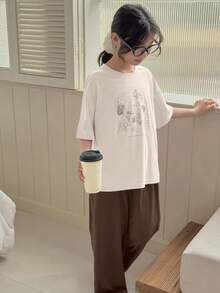 Dazy Kids 少女圆领印花短袖T恤+长裤家居服套装，春夏款 - 卡其色 - 查看 2
