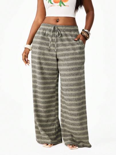 Coolane Women's Plus Size  Summer Outfits  Oversized Inclusive Sizing,  Simple Low Waist Drawstring Wide Leg Pants Striped Pants  Comfy  Beach,Beach Outfits ,Going Out,Going Out Outfits