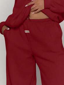 MUSERA 加大码直筒贴片Logo运动裤，秋季休闲日常基础款，舒适情人节款 - 酒紅色 - 查看 5