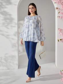 Veilorie Blusa elegante da donna con maniche a lanterna e laccio frontale, autunnale - Multicolore - Visualizzare 6