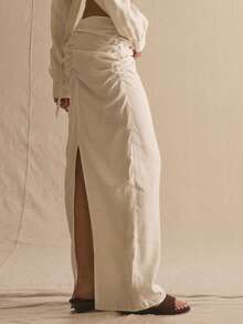 MUSERA Maxi Ruched Linen Skirt Only Spring Summer Cosy Cute Daily Girly Vacation Sunlight Social - White - View 2