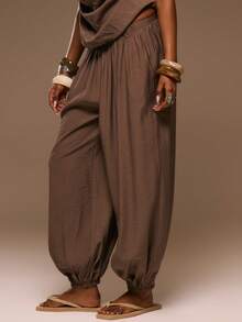 MUSERA Quần ống rộng xếp ly cạp trung bình, gấu quần xắn lên, thích hợp cho kỳ nghỉ xuân hè, đi biển, phong cách thanh lịch, lễ hội Ibiza, kỳ nghỉ, Tajine. - Cà phê nâu - Xem 3