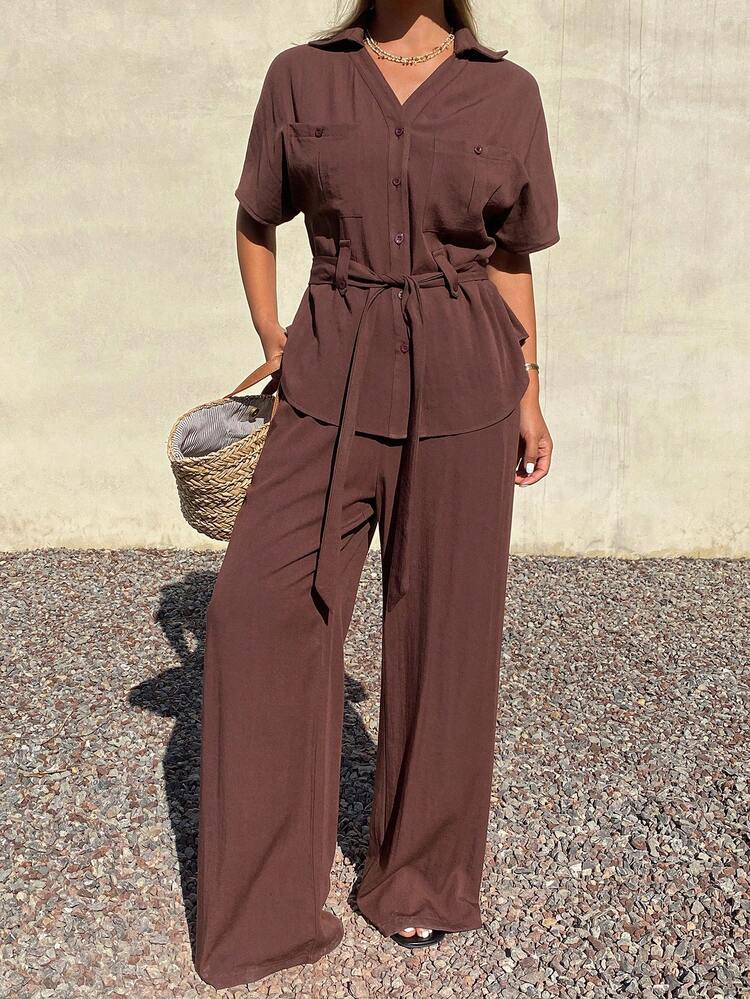 Women's Summer Casual Solid Color Pocket Belt Shirt And Wide Leg Pants 2 Pieces Set Lounge Sets For Women Short Sets For Women