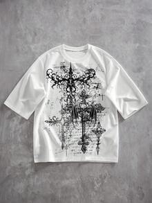 ROMWE MEN Street Life Men's Casual Cross Loose Fit Round Neck 3/4 Sleeve T-Shirt With Dark Wing Cross Print - Black and White - View 9