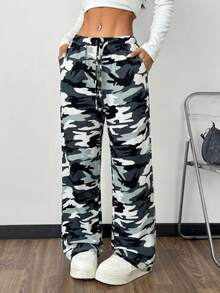 SHEIN EZwear Women's Knit Casual Camo Print Wide Leg Pants - Black and White - View 4