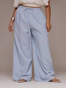 MUSERA Plus Size Tie Waist Wide Leg Striped Wide Leg Pants Trousers Spring Summer Cute Vacation Holiday Everyday Fall - Blue and White - View 2