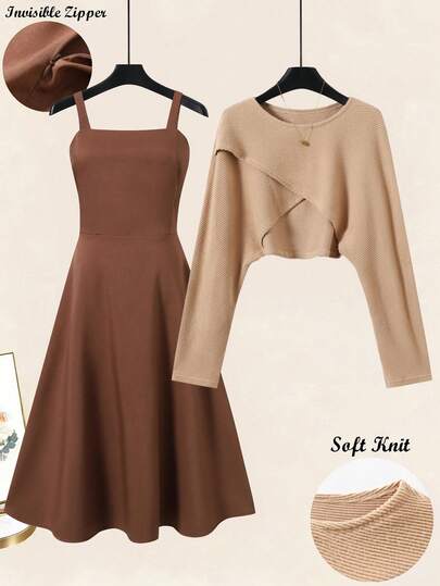 GlowEve Women's Irregular Hem Knit Pullover Top & Cinched Waist A-Line Dress Set, Casual Daily French Chic Elegant Commute Fashion Vintage Business Holiday, Grey Long Sleeve Knit Sweater Top & Dark Grey Dress, Early Spring/Autumn New Arrival 2-Piece Set