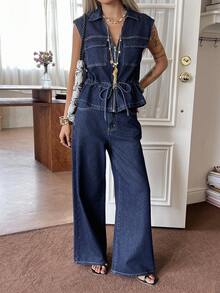 DAZY Women's Drawstring Waist Sleeveless Top And Jeans Pants Set - Blue - View 4